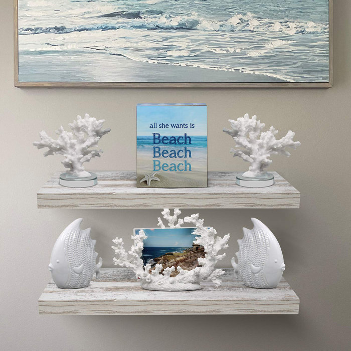 Gracie Oaks Floating Shelf Set Rustic Wood Coastal Beach Style